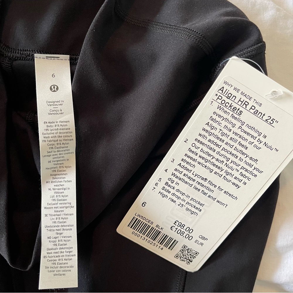 LULULEMON black Align high rise pants 25” with side pockets size 6 NWT - Picture 7 of 10